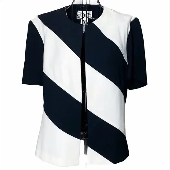 Dani Max Blazer Open Front Striped Short Sleeve Jacket Black Off White - Picture 1 of 5